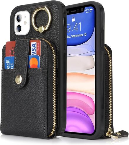 حافظة لهاتف آيفون 11 مع حامل بطاقة، حافظة محفظة آيفون 11 للنساء والرجال، حافظة هاتف جلدية بسحاب وحامل مع جيب للعملات المعدنية - أرجواني in Kuwait