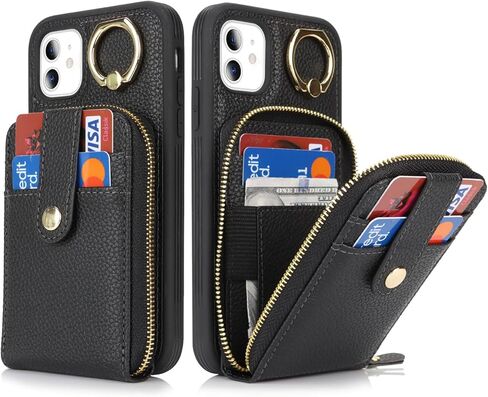 حافظة لهاتف آيفون 11 مع حامل بطاقة، حافظة محفظة آيفون 11 للنساء والرجال، حافظة هاتف جلدية بسحاب وحامل مع جيب للعملات المعدنية - أرجواني in Kuwait