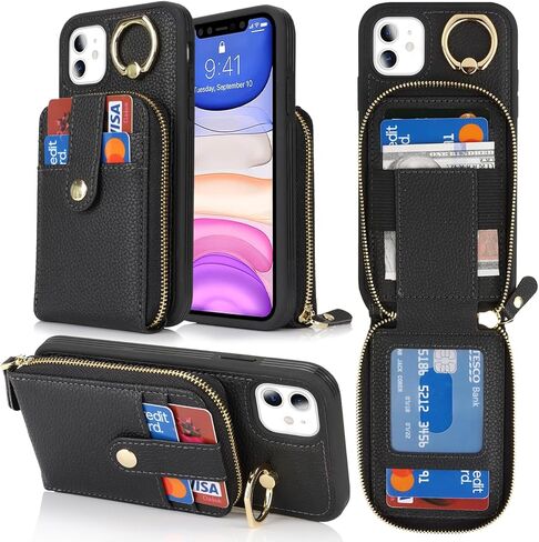 حافظة لهاتف آيفون 11 مع حامل بطاقة، حافظة محفظة آيفون 11 للنساء والرجال، حافظة هاتف جلدية بسحاب وحامل مع جيب للعملات المعدنية - أرجواني in Kuwait