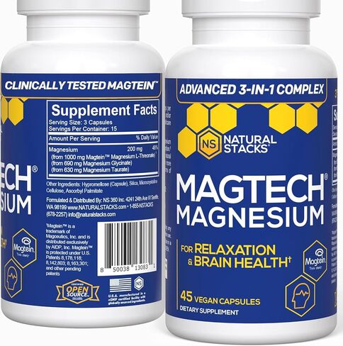 مكدسات طبيعية مكمل المغنيسيوم MagTech - مركب المغنيسيوم المخلبي - 3 أشكال من المغنيسيوم: Magtein Magnesium L-Threonate، Glycinate و Taurate - يدعم الاسترخاء وصحة الدماغ *، 45 كبسولة in Kuwait