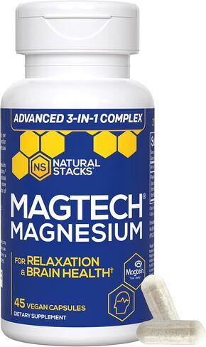 مكدسات طبيعية مكمل المغنيسيوم MagTech - مركب المغنيسيوم المخلبي - 3 أشكال من المغنيسيوم: Magtein Magnesium L-Threonate، Glycinate و Taurate - يدعم الاسترخاء وصحة الدماغ *، 45 كبسولة in Kuwait