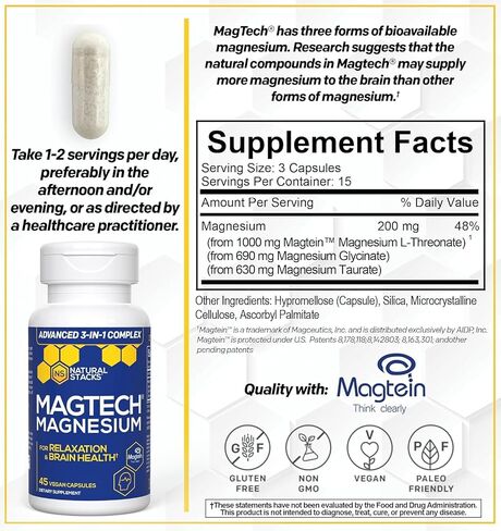 مكدسات طبيعية مكمل المغنيسيوم MagTech - مركب المغنيسيوم المخلبي - 3 أشكال من المغنيسيوم: Magtein Magnesium L-Threonate، Glycinate و Taurate - يدعم الاسترخاء وصحة الدماغ *، 45 كبسولة in Kuwait