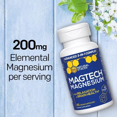 مكدسات طبيعية مكمل المغنيسيوم MagTech - مركب المغنيسيوم المخلبي - 3 أشكال من المغنيسيوم: Magtein Magnesium L-Threonate، Glycinate و Taurate - يدعم الاسترخاء وصحة الدماغ *، 45 كبسولة in Kuwait