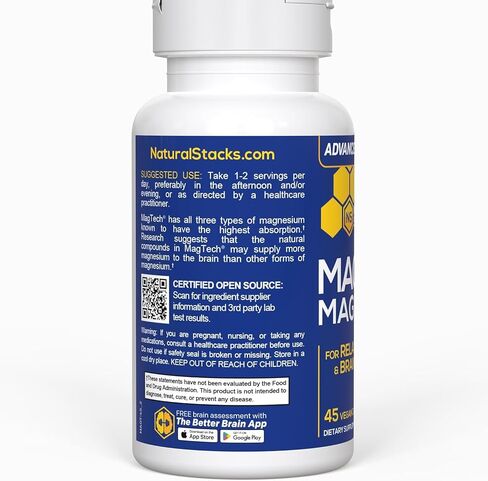 مكدسات طبيعية مكمل المغنيسيوم MagTech - مركب المغنيسيوم المخلبي - 3 أشكال من المغنيسيوم: Magtein Magnesium L-Threonate، Glycinate و Taurate - يدعم الاسترخاء وصحة الدماغ *، 45 كبسولة in Kuwait