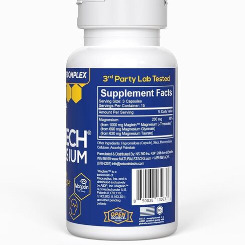 مكدسات طبيعية مكمل المغنيسيوم MagTech - مركب المغنيسيوم المخلبي - 3 أشكال من المغنيسيوم: Magtein Magnesium L-Threonate، Glycinate و Taurate - يدعم الاسترخاء وصحة الدماغ *، 45 كبسولة in Kuwait
