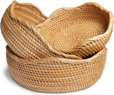 HITOMEN Handmade Rattan Bread Baskets Round Wicker Fruit Serving Storage Bowls, Natural Woven Decorative Kitchen Counter Organizing (Honey Brown) M-10.2'' in Saudi Arabia