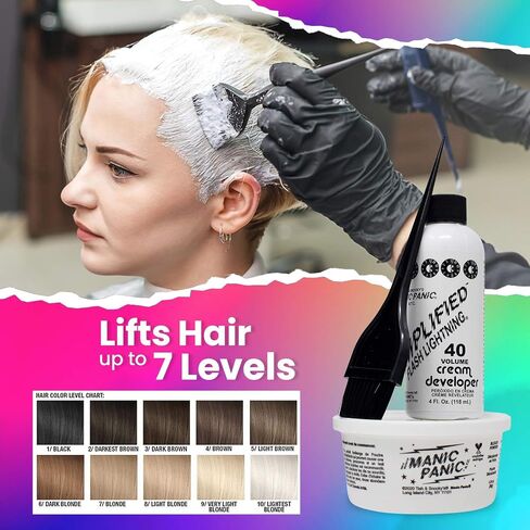 MANIC PANIC Flash Lightning Hair Bleach Kit - 40 Volume Developer + Bleach Powder Hair Lightener For Dark Hair + Lifting up to Seven Levels - Vegan And Cruelty Free in Saudi Arabia