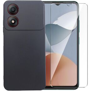 Case for ZTE Blade A34 + Glass Screen Protector Tempered Film - Transparent Silicone Soft Flexible Bumper Shockproof TPU Protective Cover Shell for ZTE Blade A34 (Black)