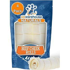 K9warehouse® - Beef Cheek Rolls for Dogs - Thick 6 Inch Buffalo Beef Cheek Rolls, Large - Premium Cow Cheek Roll Dog Treats - Rawhide Free Dog Chews Long Lasting - Pack of 4