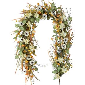Fall Floral Wreath Garland with Sunflower Daisy Berries and Eucalyptus for Front Door, 6ft Autumn Garland for Indoor and Outdoor, Harvest Thanksgiving Halloween Home Decoration