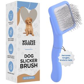 We Love Doodles Dog Slicker Brush for Grooming Pet Hair - Best Brushes For Poodle & Golden Doodle - Long Haired Brush For Dogs - Goldendoodle Long Pin Brush For Dematting (Extra Small)