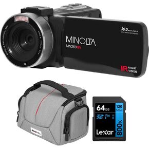 Minolta MN260NV 1080P FHD / 30 MP Night Vision Camcorder, Black Bundle with Lexar 64GB High-Performance 800x UHS-I SDXC Memory Card + Deco Photo Camera Bag for DSLR and Mirrorless Cameras