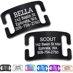 GoTags Slide-On Pet ID Tags, Curved Personalized Dog and Cat Tags, Silent, No Noise Collar Tags Made of Black Steel, Custom Engraved, (Open for Snap Closure Collars)