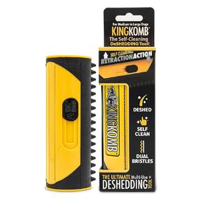 King Kanine | King Komb | Deshedding Tool | Top & Undercoat | Self Clean | Retractable Blades | 3 Metal Deshedding Edges | Rubber Bristles for Grooming | Large Yellow