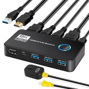 TCNEWCL 8K HDMI KVM Switch, 8K@60Hz 4K@120Hz KVM Switch for 2 Computer Share 1 HD Monitor and 3 USB 3.0 Devices, Included 2 HDMI 2.1 Cables and 2 USB 3.0 Cables