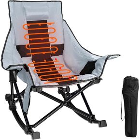 Slendor Oversized Rocking Camping Chair, XL Heated Camping Chair w/ 3 Levels Heat for Back+Seat, Padded Rocking Heated Chair, Portable Lawn Recliner with Pillow, Side Pocket, Carry Bag, Grey+Black