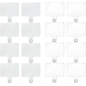 16 Pack Cell Phone Lanyard Tether Tab with Metal Ring, 2 Colors(White&Transparent), Universal Replacement Attachment Cellphone Tether PVC Patches Sticker Pad for Wrist Phone Strap Neck Safety Tether