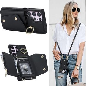 for Samsung Galaxy S22 Ultra (Not S22) Phone Case for Women, Crossbody Wallet Case with Credit Card Holder Lanyard Shockproof Purse Kickstand Case for Samsung Galaxy S22 Ultra.Crossbody Black