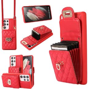 Asuwish Phone Case for Samsung Galaxy S21 Ultra 5G Wallet Cover with Credit Card Holder Shoulder Crossbody Strap Long Lanyard Leather Cell Accessories S21ultra 21S S 21 21ultra G5 Women Girls Red
