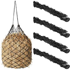 Fabbay 4 Pcs Slow Feed Hay Net Black Hay Bag Adjustable Hay Feeder for Horses 40 Inch Length with 2 Inch Holes Goat Hay Feeder Hanging Horse Feeding Supplies for Barn Paddock Horse Goat Cattle Feed