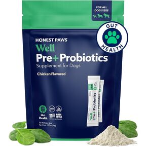 Honest Paws Probiotics for Dogs - Dog Digestion Gut Health Probiotic Powder with PrebioticMade in the USA, Digestive and Immune Support - Digestive Enzymes with Chicken Flavor (30 Sticks)