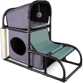 Goetland Modern Cat Tree House Condo Pet Furniture Large Cat Tower Bed Scratching Post Climber Peek Holes Dangling Toy