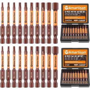 Amartisan 20-Piece Hex Head Allen Wrench Drill Bit Set, Metric and SAE S2 Steel Hex Bits Set, Magnetic Tips, 2.3" Long With Storage box.