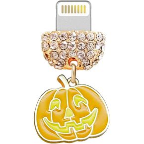 ELISE & FONDA CP477 USB Charging Port Crystal Anti Dust Plug Halloween Pumpkin Phone Charm for iPhone 13/12/11/ XS MAX/XR/X/8 Plus/7/6S/8/SE iPad iPod(Yellow)