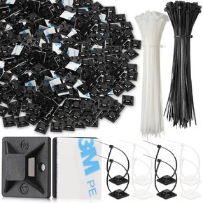 300 Set 3/4" Zip Tie Adhesive Mounts Self Adhesive Cable Tie Base Holders with Multi Purpose Tie Clips with Screw Hole, Stick Wire Holder with White and Black for Cable Management