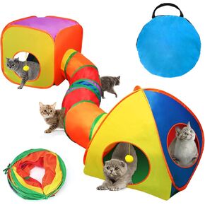 Rypet Cat Toy Tunnel and Cubes Bundle - Interactive Crinkle Collapsible Cat Tube and Foldable Cubes Playground for Kitty, Rabbit, Puppy, Ferret Hiding Hunting and Resting (3 in 1 Set)