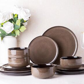 Ceramic Dinnerware Sets,12-Piece Plates and Bowls,Handmade Reactive Glaze Dishes Set,Chip Resistant and Scratch Resistant | Oven Dishwasher & Microwave Safe,Service for 4-Kahki