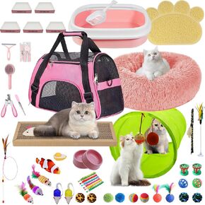 47PCS Kitten Essentials Starter Kit, Ideal for Cats Under 6 Months, Featuring 21-Piece Toy Set, Bed, Carrier, Litter Box, Bowls & More, Perfect for New Cat Owners - Pink