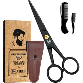 WAJEES Beard Scissors for Men A Complete Set of Grooming Scissors Men, 1 Mustache Comb, & 1 Beard Grooming Comb in a Carrying Pouch Perfect Mustache Scissors, Men’s Facial Hair Scissors