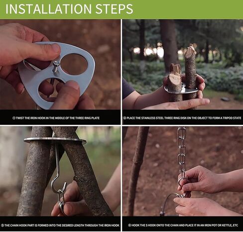 1Pack Camping Tripod Board - Turn Branches Into Camp Fire Tripod,Long Chain Stainless Steel with Chain for Hanging Cookware Portable Camping in Kuwait