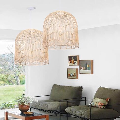 Arturesthome Hanging Ceiling Light Fixture for Kitchen, Handmade Rattan Pendant Lighting Basket Lampshades Chandelier Decoration for Living Room - 45cmx45cm in Saudi Arabia