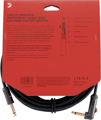 كابل جيتار D'Addario Accessories - سلك جيتار - كابل قاطع الدائرة - مفتاح قطع الإغلاق لكتم الصوت عند تغيير الآلة - 10 أقدام/3.05 متر - أطراف مستقيمة/زاوية قائمة - عبوة واحدة in Kuwait