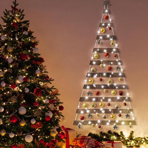 Soaoo Wall Hanging Mounted Christmas Trees Lighted Hanging Wall Decoration Ladder Tree Star Topper Wooden Handmade with Metal Hooks Rustic Flat Hanging Xmas Tree Indoor (Wood Color,30.7 x 59.1 Inch) in Saudi Arabia