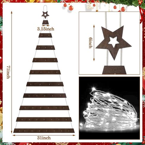 Soaoo Wall Hanging Mounted Christmas Trees Lighted Hanging Wall Decoration Ladder Tree Star Topper Wooden Handmade with Metal Hooks Rustic Flat Hanging Xmas Tree Indoor (Wood Color,30.7 x 59.1 Inch) in Saudi Arabia