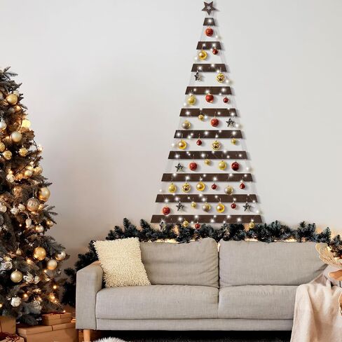 Soaoo Wall Hanging Mounted Christmas Trees Lighted Hanging Wall Decoration Ladder Tree Star Topper Wooden Handmade with Metal Hooks Rustic Flat Hanging Xmas Tree Indoor (Wood Color,30.7 x 59.1 Inch) in Saudi Arabia