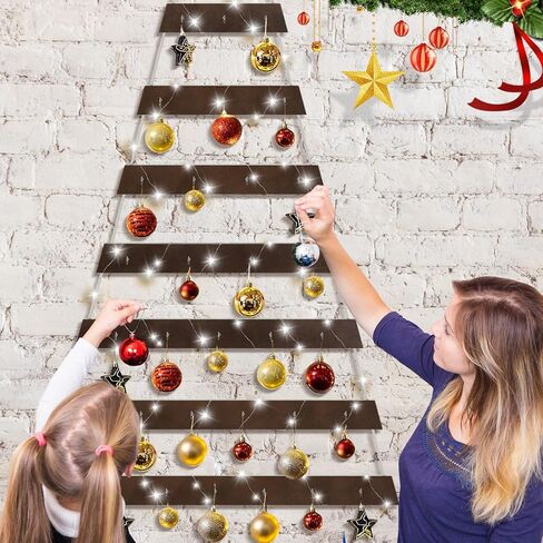 Soaoo Wall Hanging Mounted Christmas Trees Lighted Hanging Wall Decoration Ladder Tree Star Topper Wooden Handmade with Metal Hooks Rustic Flat Hanging Xmas Tree Indoor (Wood Color,30.7 x 59.1 Inch) in Saudi Arabia