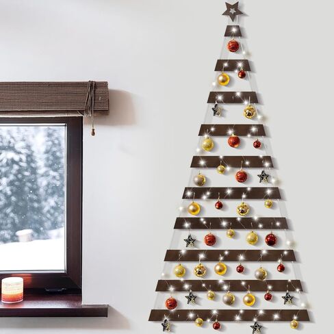 Soaoo Wall Hanging Mounted Christmas Trees Lighted Hanging Wall Decoration Ladder Tree Star Topper Wooden Handmade with Metal Hooks Rustic Flat Hanging Xmas Tree Indoor (Wood Color,30.7 x 59.1 Inch) in Saudi Arabia