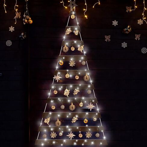Soaoo Wall Hanging Mounted Christmas Trees Lighted Hanging Wall Decoration Ladder Tree Star Topper Wooden Handmade with Metal Hooks Rustic Flat Hanging Xmas Tree Indoor (Wood Color,30.7 x 59.1 Inch) in Saudi Arabia