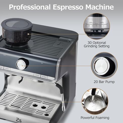 20-Bar Semi-Automatic Espresso Machine with Milk Frother and Steam Wand, Stainless Steel Coffee Maker with Built-In Grinder, Fast Heating Coffee Machine for Lattes and Cappuccinos in Saudi Arabia