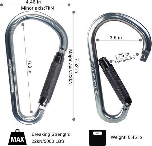 22kN Large Aluminum Auto Locking Ladder Hook, Professional CE Certified Heavy Duty Lightweight Carabiner for Outdoor Tower Climbing, Aerial Work, Rescue, D Ring Clip w/Huge Opening Gate in Saudi Arabia