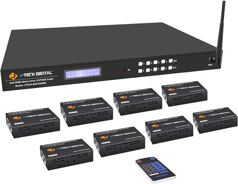 محول مصفوفة HDMI 1080P 60 هرتز موسع HDMI عبر إيثرنت واحد Cat5e/6 164ft. أو إيثرنت مزدوج 98 قدمًا. w/HDCP، تطبيق التحكم عن بعد بالأشعة تحت الحمراء RS232 من J-Tech Digital [JTECH-8x8-EX50M] in Kuwait