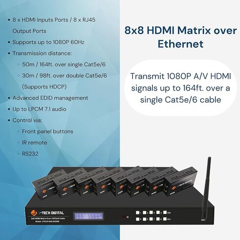 محول مصفوفة HDMI 1080P 60 هرتز موسع HDMI عبر إيثرنت واحد Cat5e/6 164ft. أو إيثرنت مزدوج 98 قدمًا. w/HDCP، تطبيق التحكم عن بعد بالأشعة تحت الحمراء RS232 من J-Tech Digital [JTECH-8x8-EX50M] in Kuwait