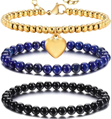 Beaded Bracelets for Women, 6mm Gold Beaded Bracelets and Healing Crystal Bracelet, Protection Bracelets for Women, Love Heart Charms Bracelet (Golden, A) in Saudi Arabia