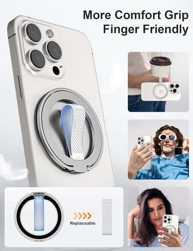 EWA MagOne (Upgrade) Loop Edition [Compatible with Magsafe] Phone Grip Stand with Silicone Finger Loop Strap, Removable Magnetic Ring Holder Kickstand Loop, for iPhone 16, 15, 14, 13 Pro/Max-Silver in Saudi Arabia