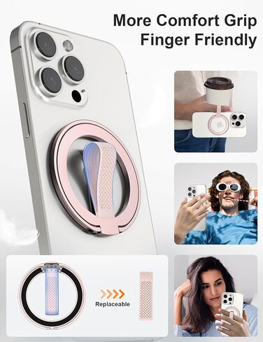 EWA MagOne (Upgrade) Loop Edition [Compatible with Magsafe] Phone Grip Stand with Silicone Finger Loop Strap, Removable Magnetic Ring Holder Kickstand Loop, for iPhone 16, 15, 14, 13 Pro/Max-Silver in Saudi Arabia