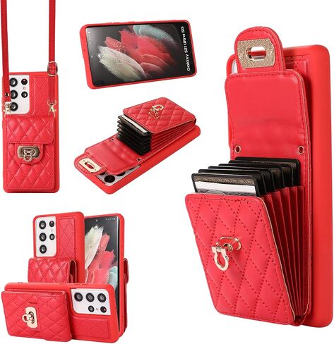 Asuwish Phone Case for Samsung Galaxy S21 Ultra 5G Wallet Cover with Credit Card Holder Shoulder Crossbody Strap Long Lanyard Leather Cell Accessories S21ultra 21S S 21 21ultra G5 Women Girls Red in Saudi Arabia